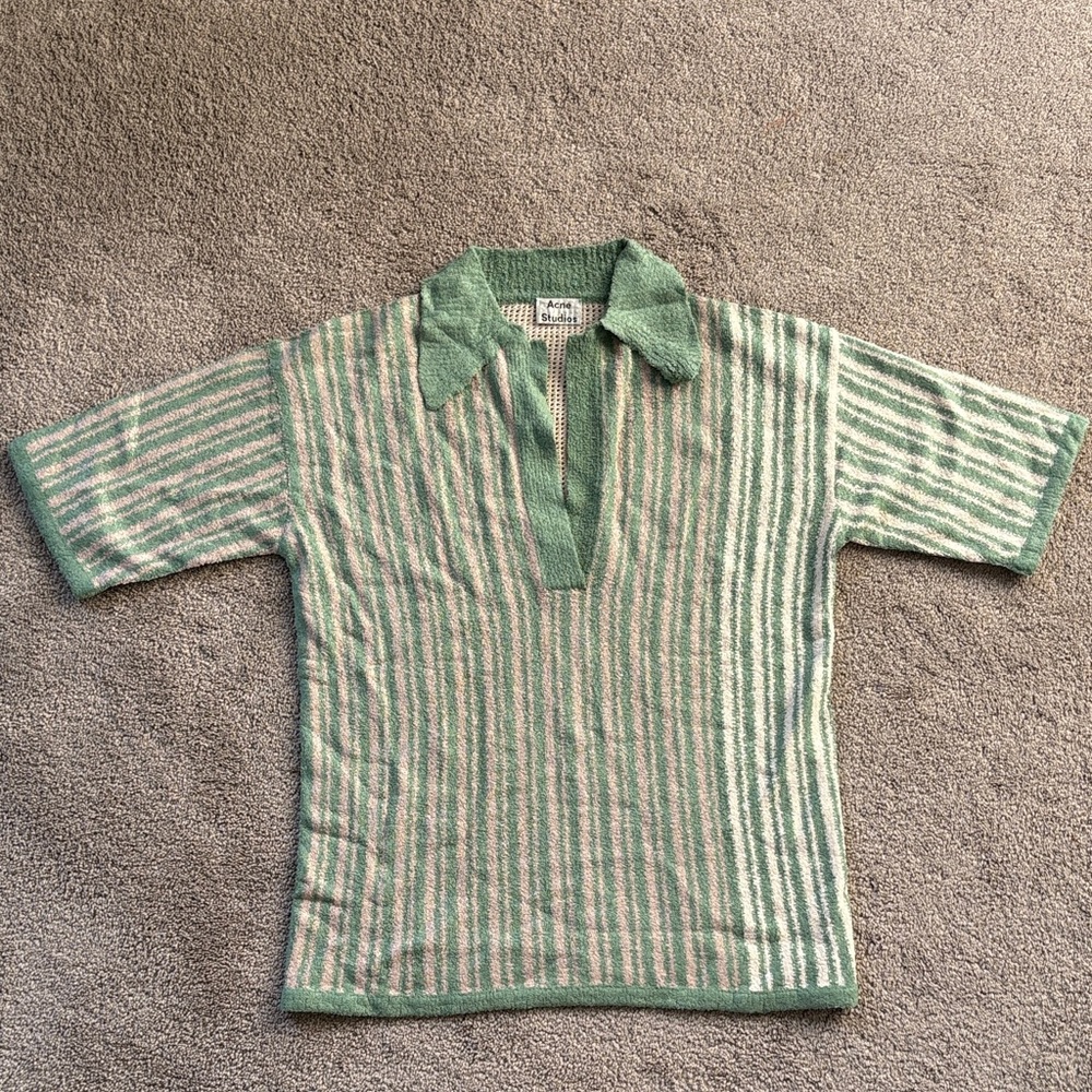 Acne Green and Cream Striped Polo Sweater
